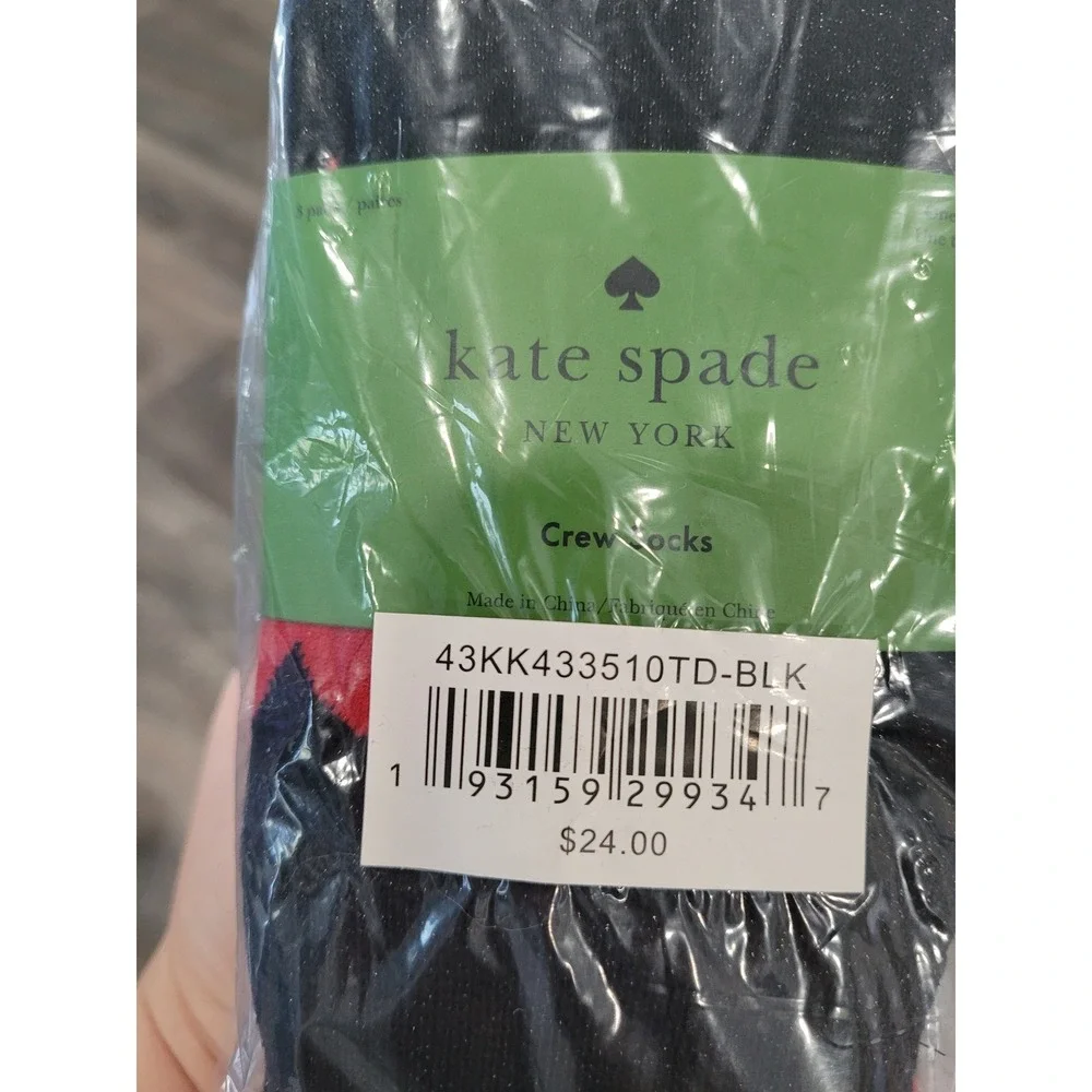 Kate Spade‎ New York Women's Crew Socks 3 Pairs Black Red Heart Checkerboard #HH